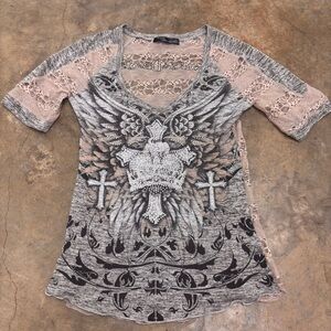 Angels & Diamonds Y2K Winged Cross Rhinestone Top Lace Sleeve Burnout Womens Med
